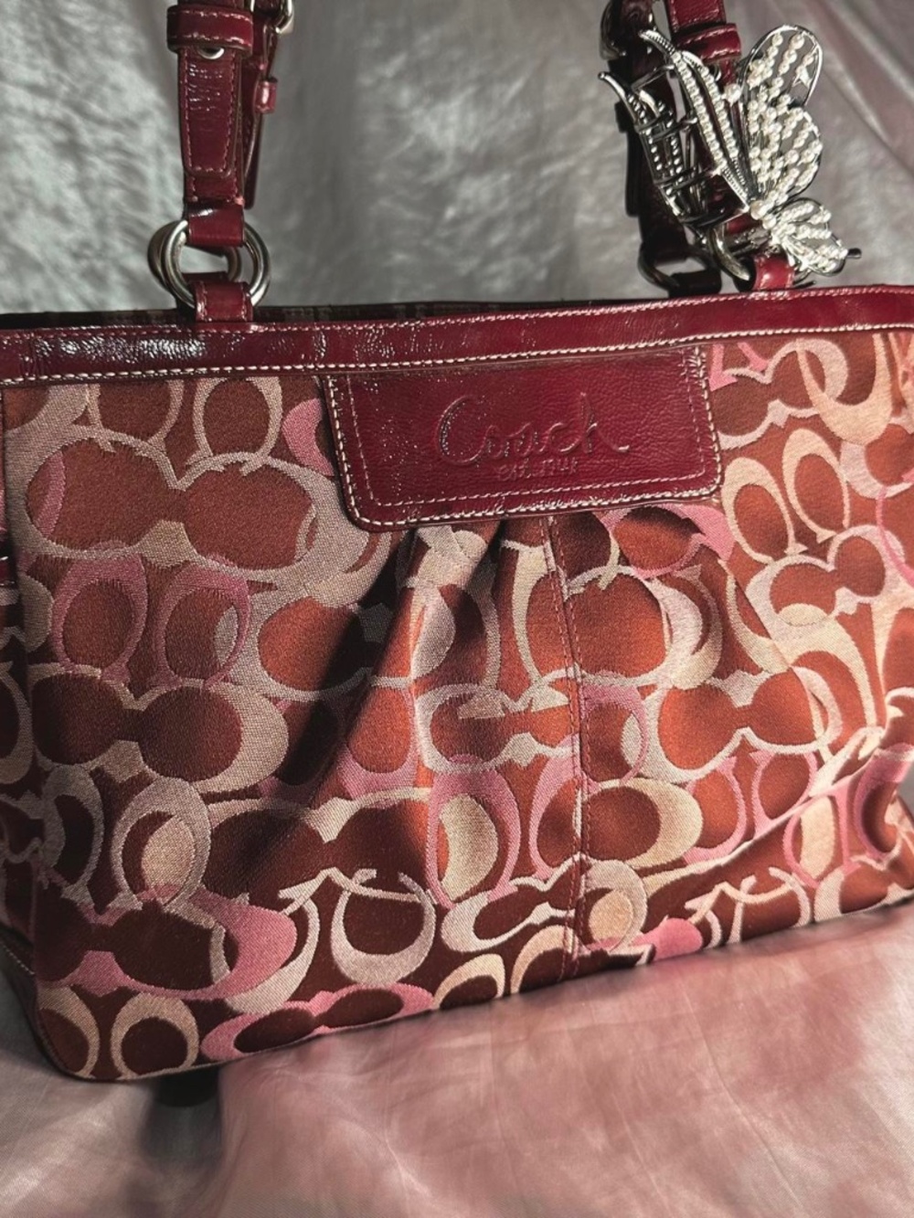 Vintage Y2K Coach Signature Optic Burgundy Pink Tote Shoulder Bag